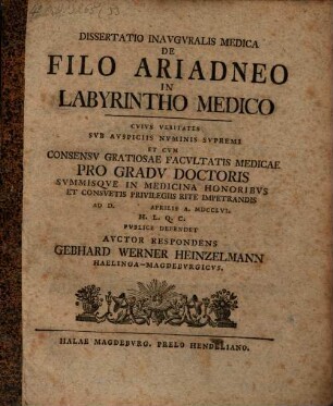 Dissertatio Inauguralis Medica De Filo Ariadneo In Labyrintho Medico