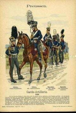 Uniformdarstellung, Offiziere und Kanoniere der Garde-Artillerie zu Fuß bzw. der Reitenden Garde-Artillerie, Königreich Preußen, 1813/1814.