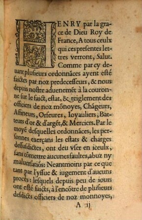 Edict Faict Par Le Roy Svr le reiglement de ses monnoyes, & Officiers d'icelles