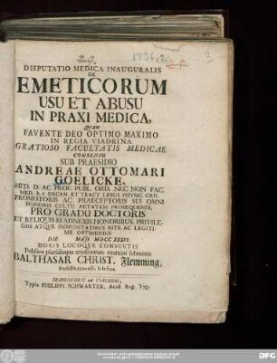 Disputatio Medica Inauguralis De Emeticorum Usu Et Abusu In Praxi Medica