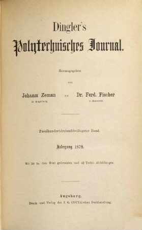 Dingler's polytechnisches Journal. 233, 233. 1879