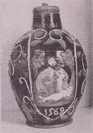 Krug mit der Darstellung der Erschaffung Evas und Kreuzigungsgruppen
