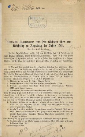 Nikolaus Mameranus und sein Büchlein über den Reichstag zu Augsburg im Jahre 1566