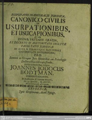 Disputatio Inauguralis Iuridica , Canonico-Civilis De Usurpationibus, Et Usucapionibus