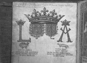 Stundenbuch der Anne von Bretagne — Wappen Ludwigs XI. und der Anna der Bretagne, Folio 1verso