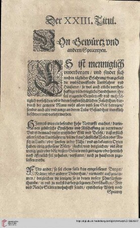 Titul XXIII Von Gewürtz und anderen Specereyen