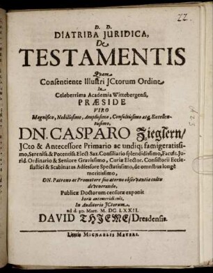 Diatriba Iuridica, De Testamentis