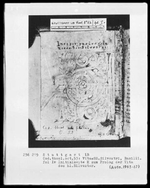 Vitae Sancti Silvestri, Basilii, Egidii — Initiale H zum Prolog der Vita des heiligen Silverster, Folio I verso