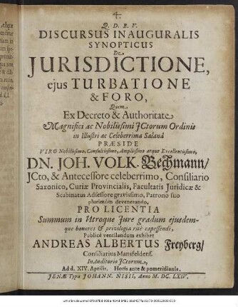 Discursus Inauguralis Synopticus De Iurisdictione, eius Turbatione & Foro