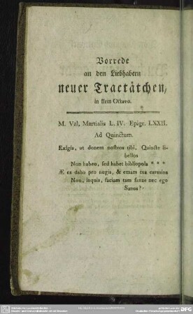 Vorrede an den Liebhabern neuer Tractätchen