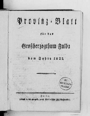 1821: Provinzial-Blatt für das Großherzogthum Fulda