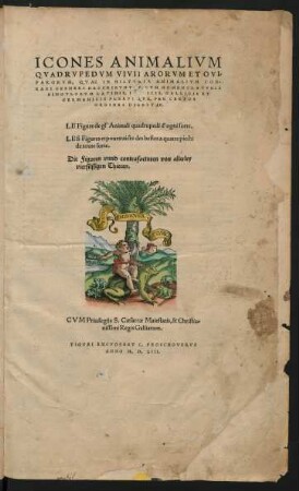 ICONES ANIMALIVM || QVADRVPEDVM VIVIPARORVM ET OVI=||PARORVM, QVAE IN HISTORIA ANIMALIVM CON=||RADI GESNERI DESCRIBVNTVR, CVM NOMENCLATVRIS || SINGVLORVM LATINIS, ITALICIS, GALLICIS ET || GERMANICIS PLERVNQVE, PER CERTOS || ORDINES DIGESTAE.|| LE Figure de gl'Animali quadrupedi d'ogni sorte.|| LES Figures et pourtraictz des bestes a quatre piedz || de toute sorte.|| Die Figuren vnnd contrafacturen von allerley || vierfüssigen Thieren.||