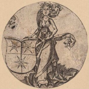 Wappenschild mit drei Sternen, von einer stehenden Frau gehalten