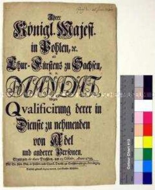 Mandat von Friedrich August II. Kurfürst von Sachsen betreffs Adelsdienste
