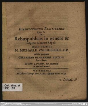 Disputationum politicarum quinta, de rebuspublicis in genere ...