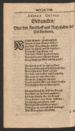 Andreae Gryphii Gedancken/ Uber den Kirchhoff und Ruhestädte der Verstorbenen.