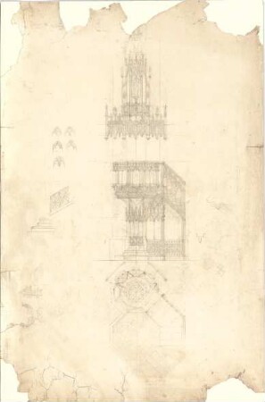 Lange, Ludwig; München; Frauenkirche, Regotisierung - Entwurf für eine neugotische Kanzel (Grundriss, (Ansicht, Details)