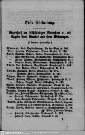 Erste Abtheilung. Einwohnerverzeichnis : Erste Abtheilung. Verzeichniß der selbständigen Einwohner etc., mit Angabeihres Standes und ihrer Wohnungen