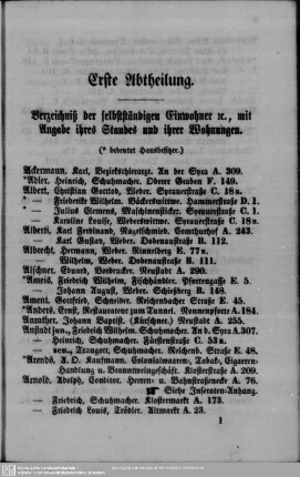 Erste Abtheilung. Einwohnerverzeichnis : Erste Abtheilung. Verzeichniß der selbständigen Einwohner etc., mit Angabeihres Standes und ihrer Wohnungen
