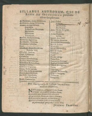Syllabus Authorum, Qui De Rebus Ad Oeconomiam pertinentibus scripserunt.