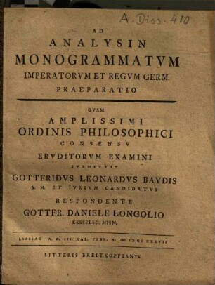 Ad Analysin Monogrammatvm Imperatorvm Et Regvm Germ. Praeparatio