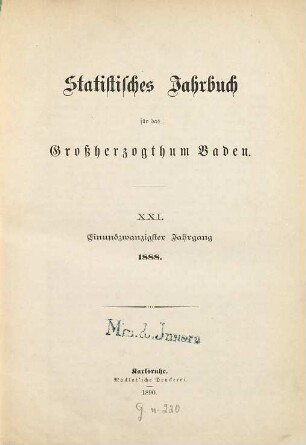 Statistisches Jahrbuch für das Land Baden. 21. 1888 (1890)