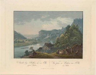 Das Elbtal bei Rathen in der Sächsischen Schweiz, Blick vom alten Erbgericht nach Westen