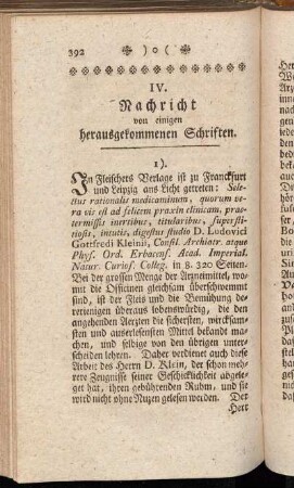 IV. Nachricht von einigen herausgekommenen Schriften.