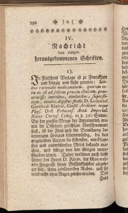 IV. Nachricht von einigen herausgekommenen Schriften.