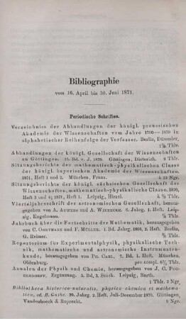 Bibliographie vom 16. April bis 30. Juni 1871.