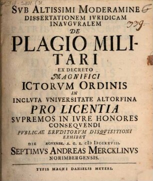 Diss. iur. inaug. de plagio militari