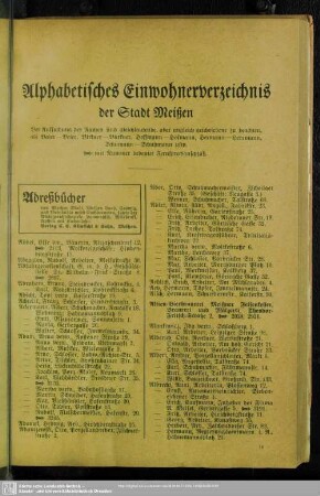 Einwohnerverzeichnis : Alphabetisches Einwohner-Verzeichnis der Einwohner Meißens