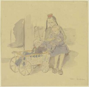 Drei Kinder mit Leiterwagen