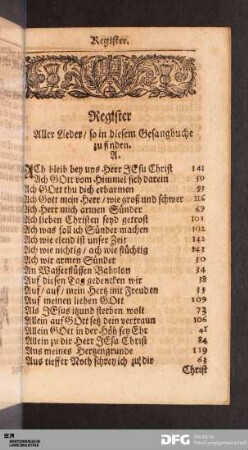 Register Aller Lieder / so in diesem Gesangbuche zu finden