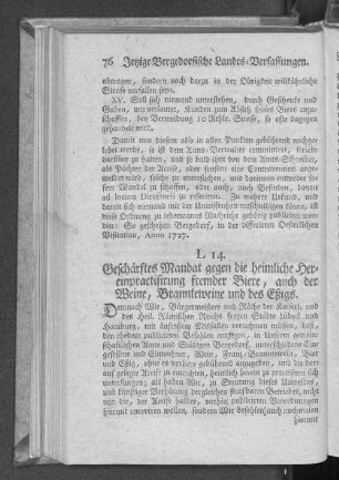 L 14. Geschärftes Mandat gegen die heimliche Hereinpractisirung fremder Biere, auch der Weine, Branntweine und des Eßigs.