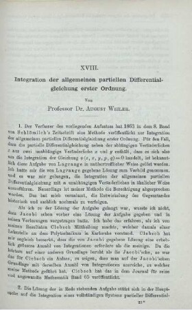 XVIII. Integration der allgemeinen partiellen Differentialgleichungen erster Ordnung.
