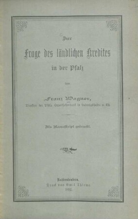 Zur Frage des ländlichen Kredites in der Pfalz