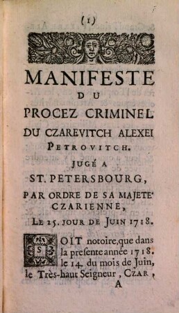 Mémoires sur le Procez criminel ... contre le Czarevitch Alexei ...