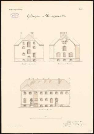 Amtsgericht und Gefängnis, Wernigerode: Gefängnis: Aufriss Nordansicht, Ostansicht, Westansicht 1:100