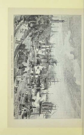 Hamburg. Anlegestelle der transatlantischen Dampfer. Blick vom sog. Stintfang auf den Niederhafen