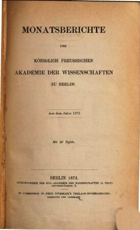 Monatsbericht der Königlich Preussischen Akademie der Wissenschaften zu Berlin. 1872