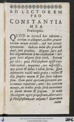 Ad Lectorem Pro Constantia Mea Praescriptio.