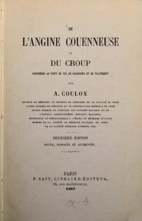 De l‛angine couenneuse et du croup considérés an point de vue du diagnostic et du traitement