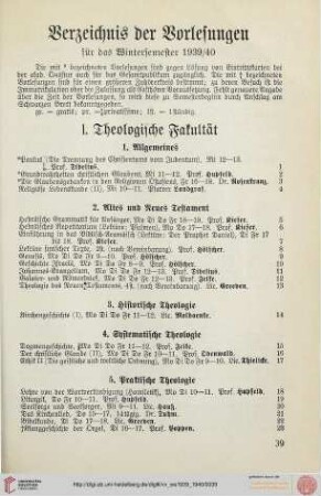 Verzeichnis der Vorlesungen für das Wintersemester 1939/40