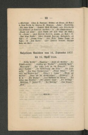 Aufgeführte Novitäten vom 16. September 1857 bis 16. April 1858.