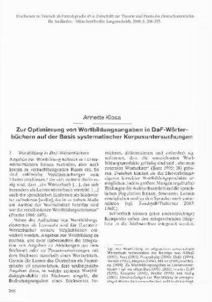 Zur Optimierung von Wortbildungsangaben in DaF-Wörterbüchern auf der Basis systematischer Korpusuntersuchungen