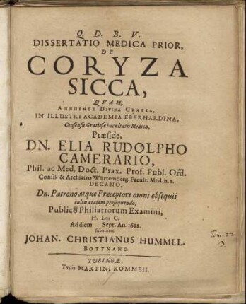 Dissertatio Medica Prior, De Coryza Sicca