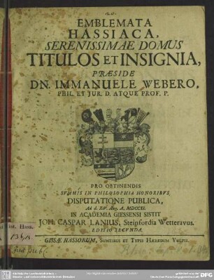 Emblemata Hassiaca, Serenissimae Domus Titulos Et Insignia