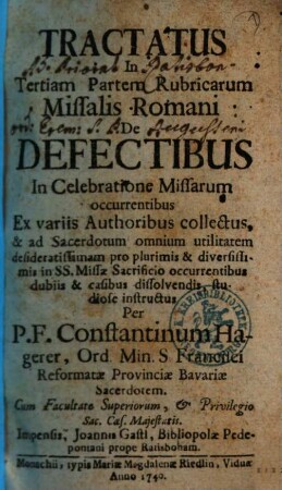 Tractatus In Tertiam Partem Rubricarum Missalis Romani De Defectibus In Celebratione Missarum occurrentibus