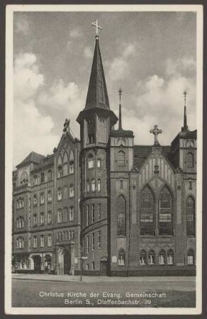 Ansichtskarte Christus-Kirche der evangelischen Gemeinde, Dieffenbachstr. 39 [2/2]